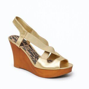 Jessica Simpson Gold Metallic and Wood Gonni Wedge Sandal